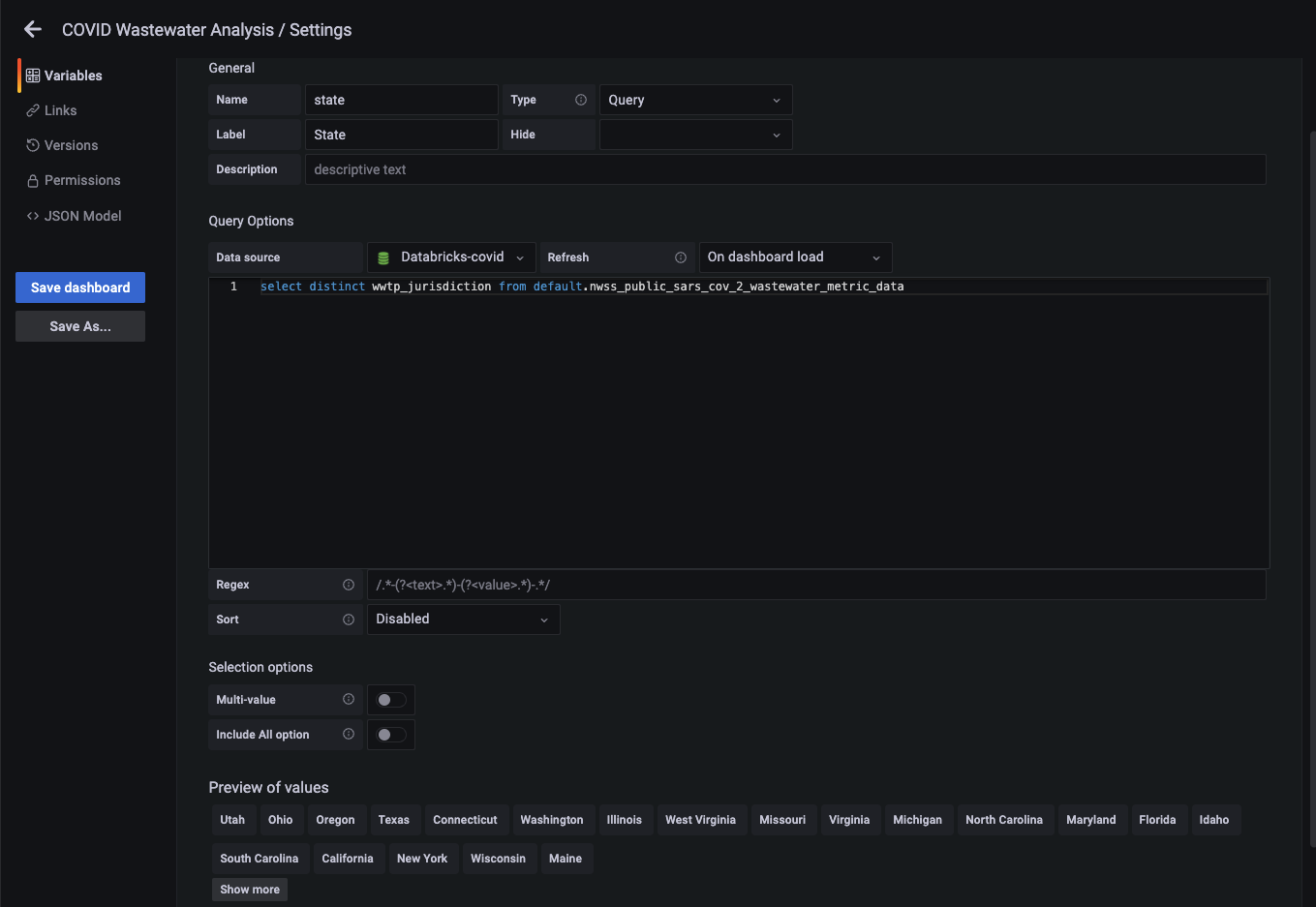 Dashboard with template variables so users can see COVID-19 virus levels in wastewater by state and county. Dashboard with template variables so users can see COVID-19 virus levels in wastewater by state and county.