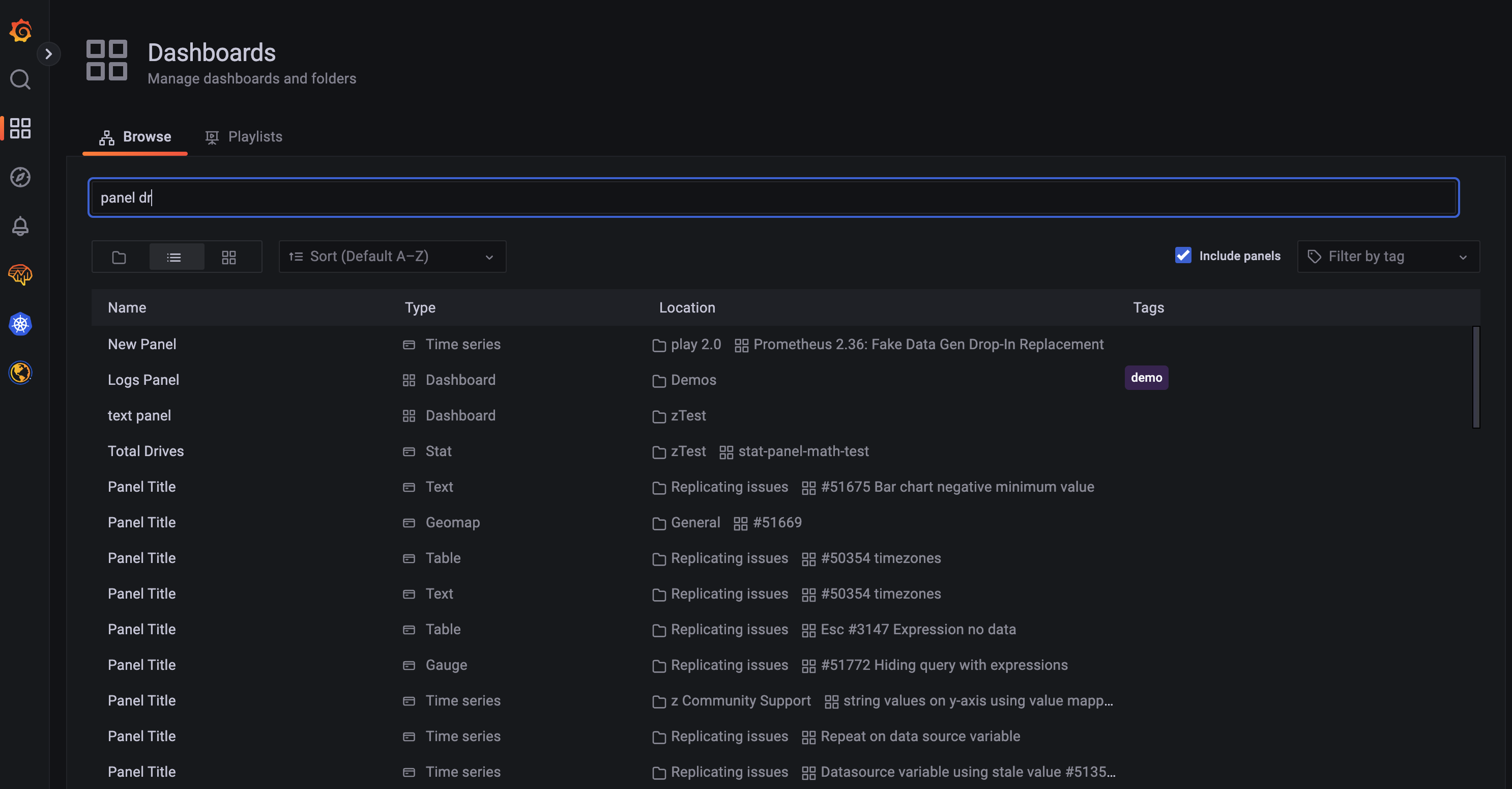 Panel title search feature in Grafana 9.1.