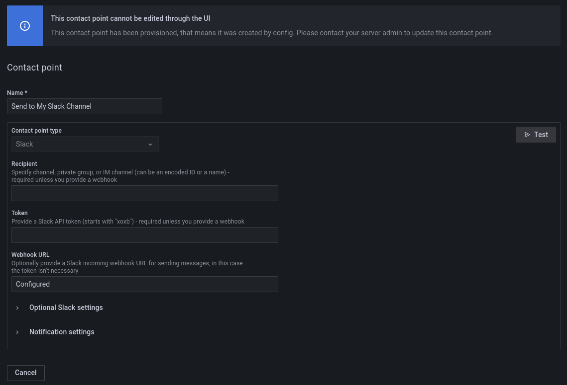 Screenshot of Terraform provisioned resource in Grafana Alerting UI for contact points.