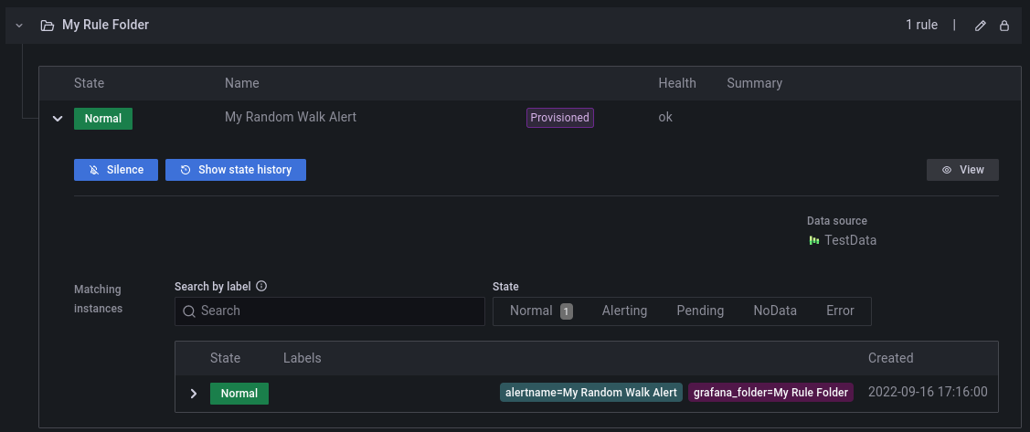 Grafana Alerting UI screenshot showing an alert.