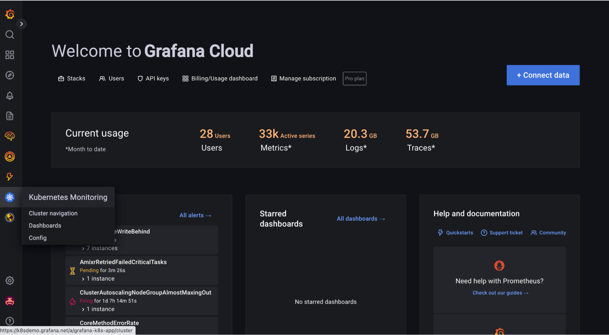 Homescreen for Grafana Cloud. Home screen for Grafana Cloud with Kubernetes in the left navigation bar.