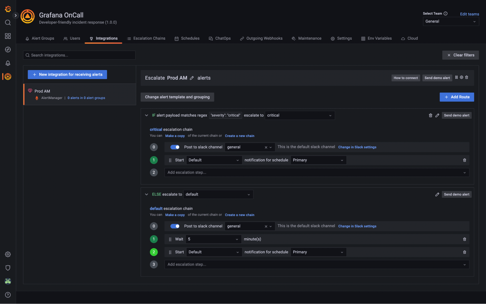 Screenshot of Grafana OnCall UI with route configured.