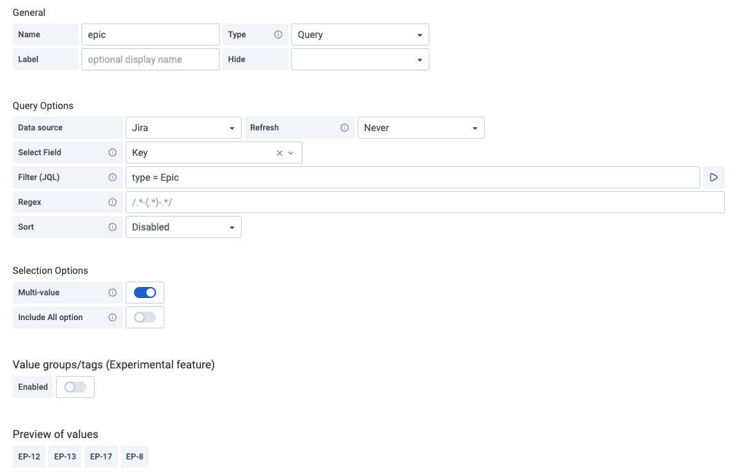 Template variables for epics with Jira Enterprise plugin for Grafana. Template variables for epics with Jira Enterprise plugin for Grafana.