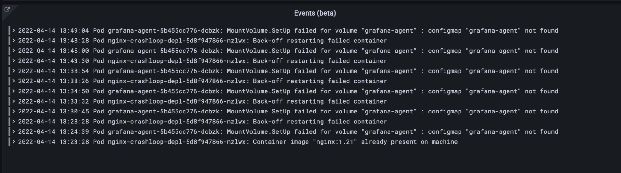 Kubernetes integration for Grafana Cloud: new events panel in the Kubernetes dashboard Kubernetes integration for Grafana Cloud: new events panel in the Kubernetes dashboard