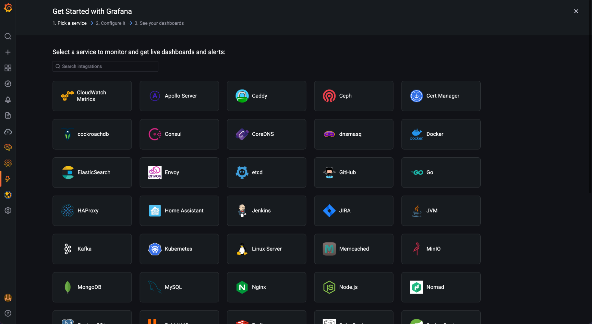 Grafana Cloud UI for adding integrations Grafana Cloud UI for adding integrations