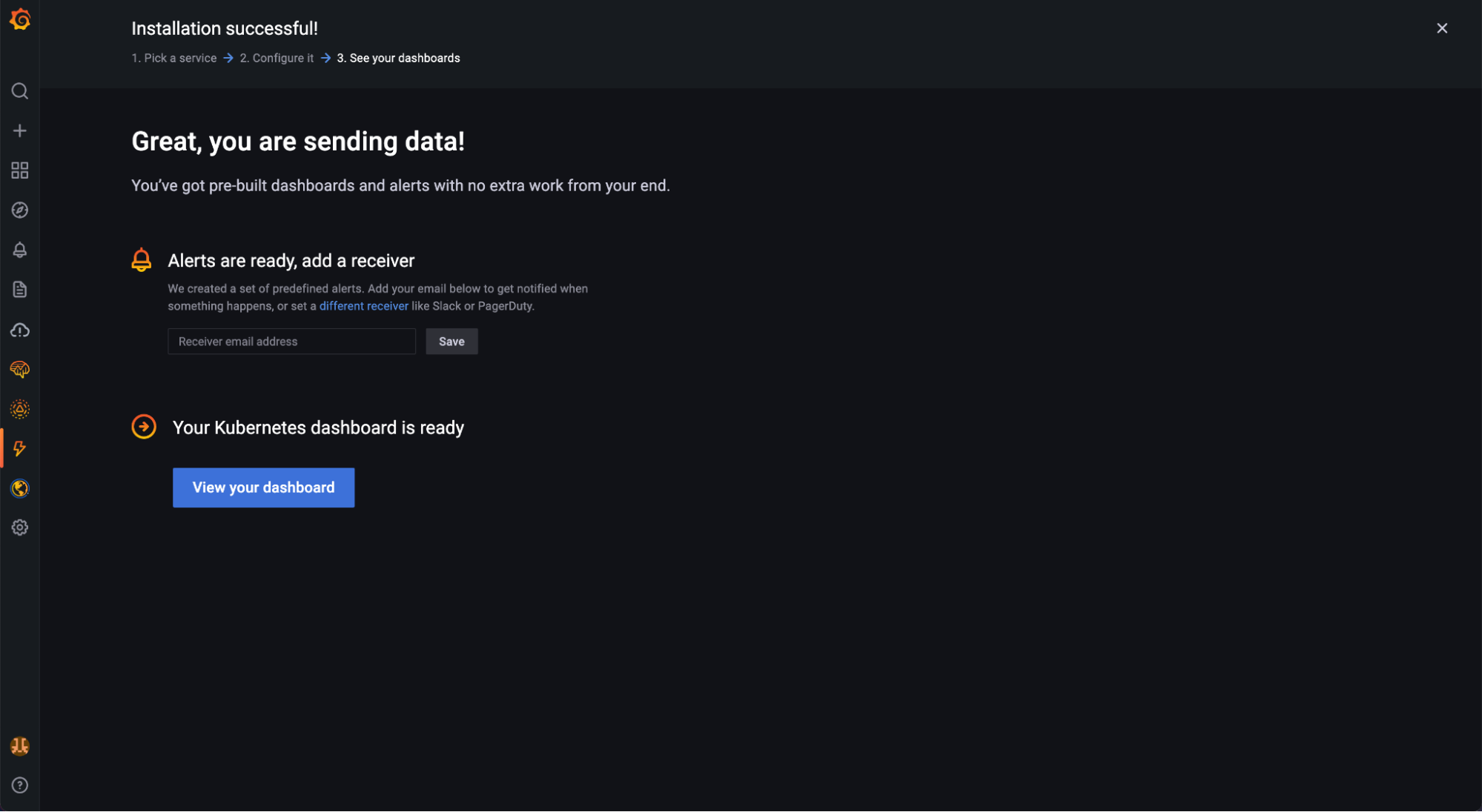 Final screen confirming installation of K8s integration for Grafana Cloud is complete Final screen confirming installation of K8s integration for Grafana Cloud is complete