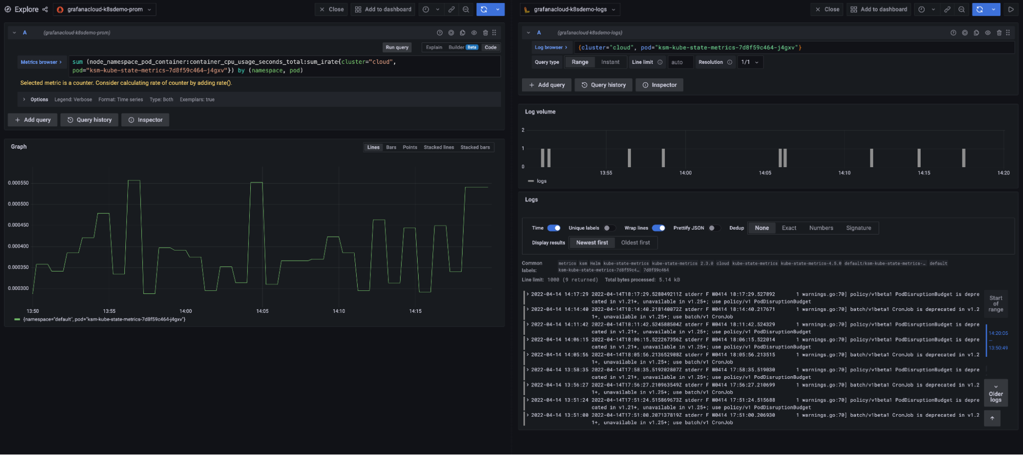 Kubernetes integration for Grafana Cloud: Grafana Loki in split pane Kubernetes integration for Grafana Cloud: Grafana Loki in split pane