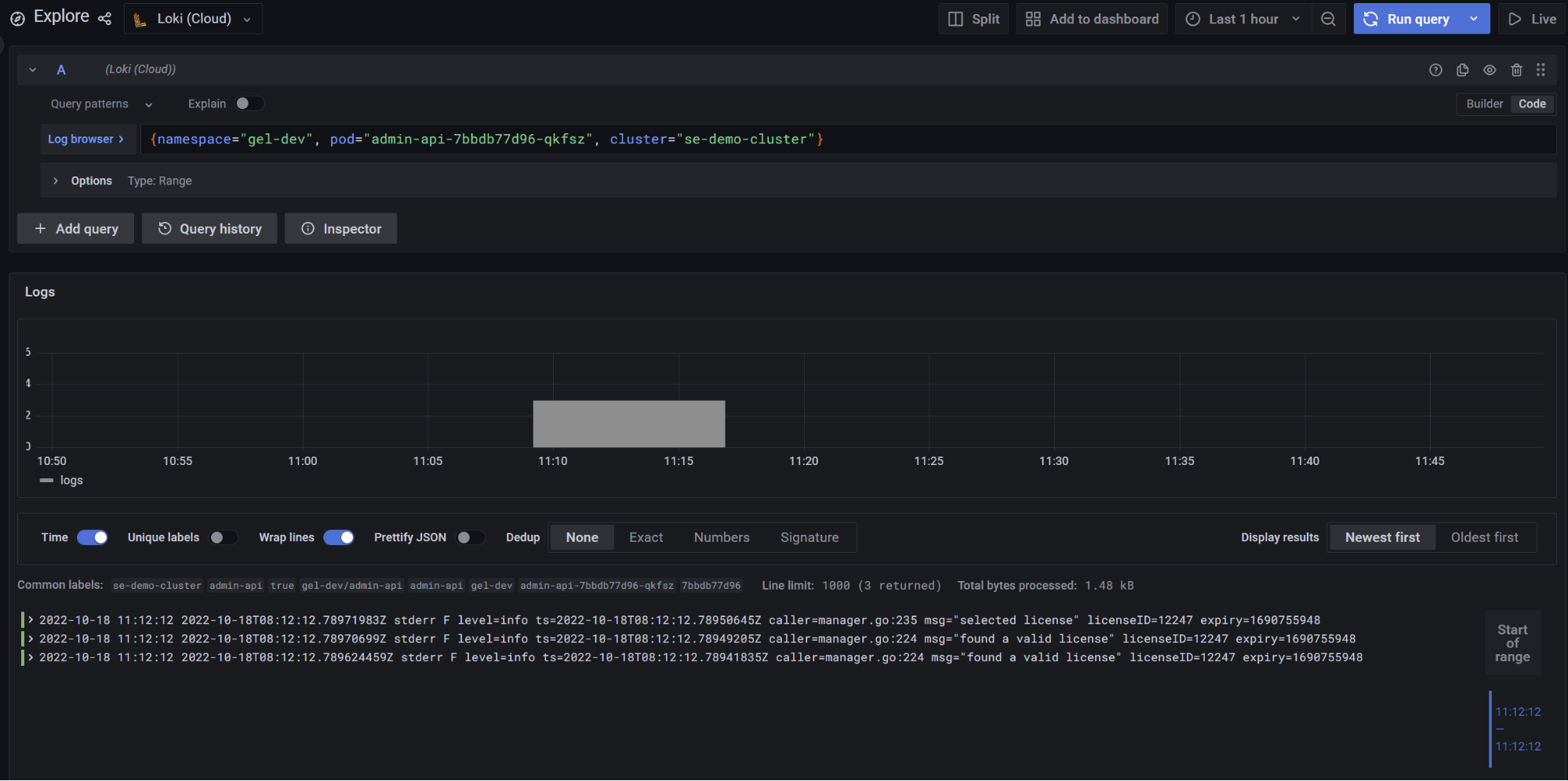 UI of pod logs in Kubernetes Monitoring in Grafana Cloud.