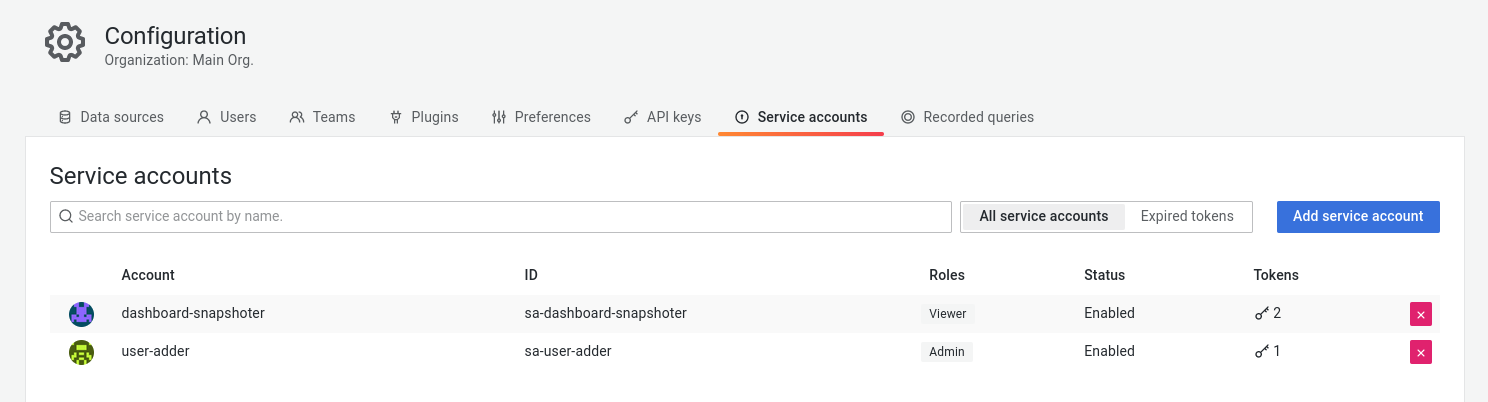 Grafana configuration UI for service accounts in Grafana 9.1.