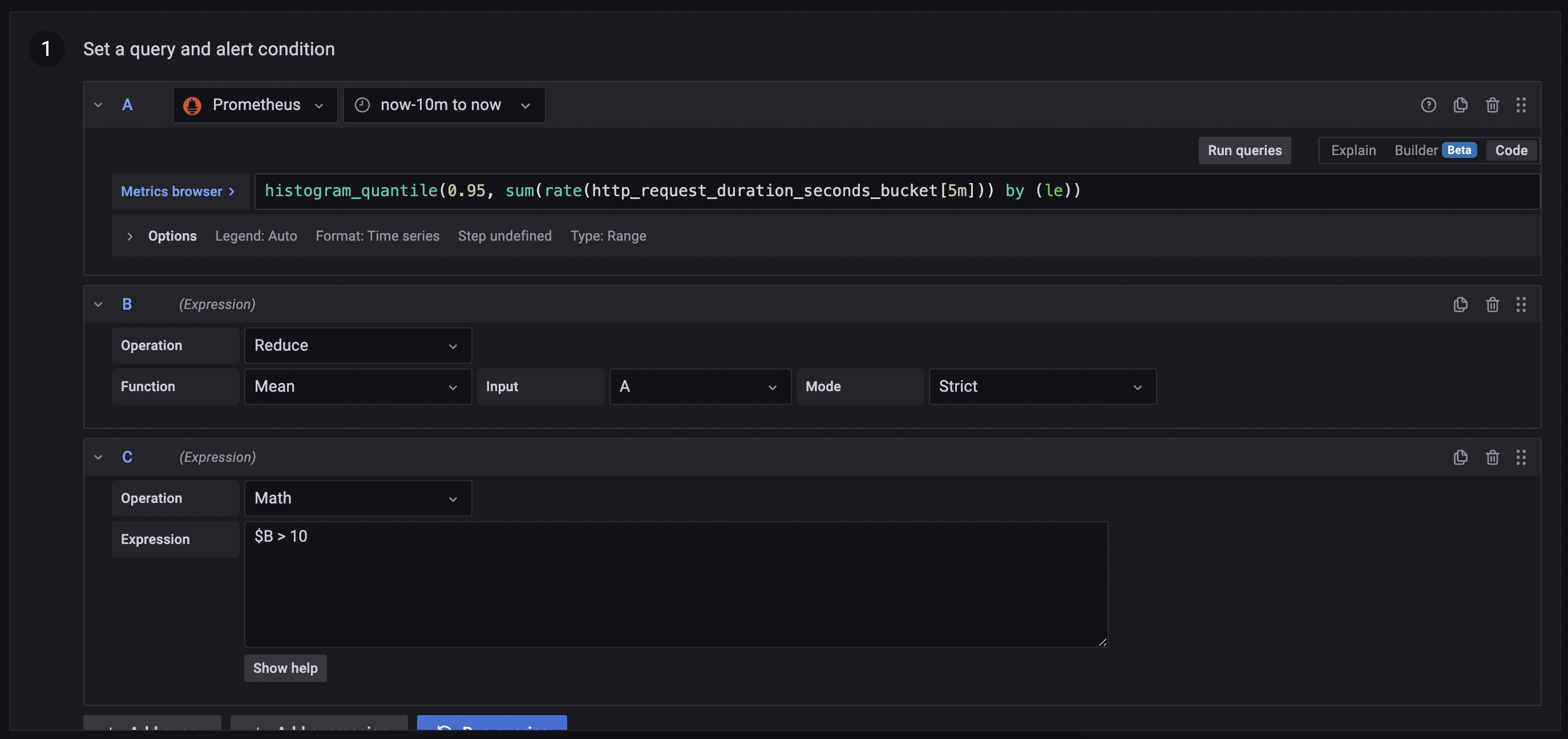 An alert rule that uses histogram_quantile to compute 95th percentile An alert rule that uses histogram_quantile to compute 95th percentile