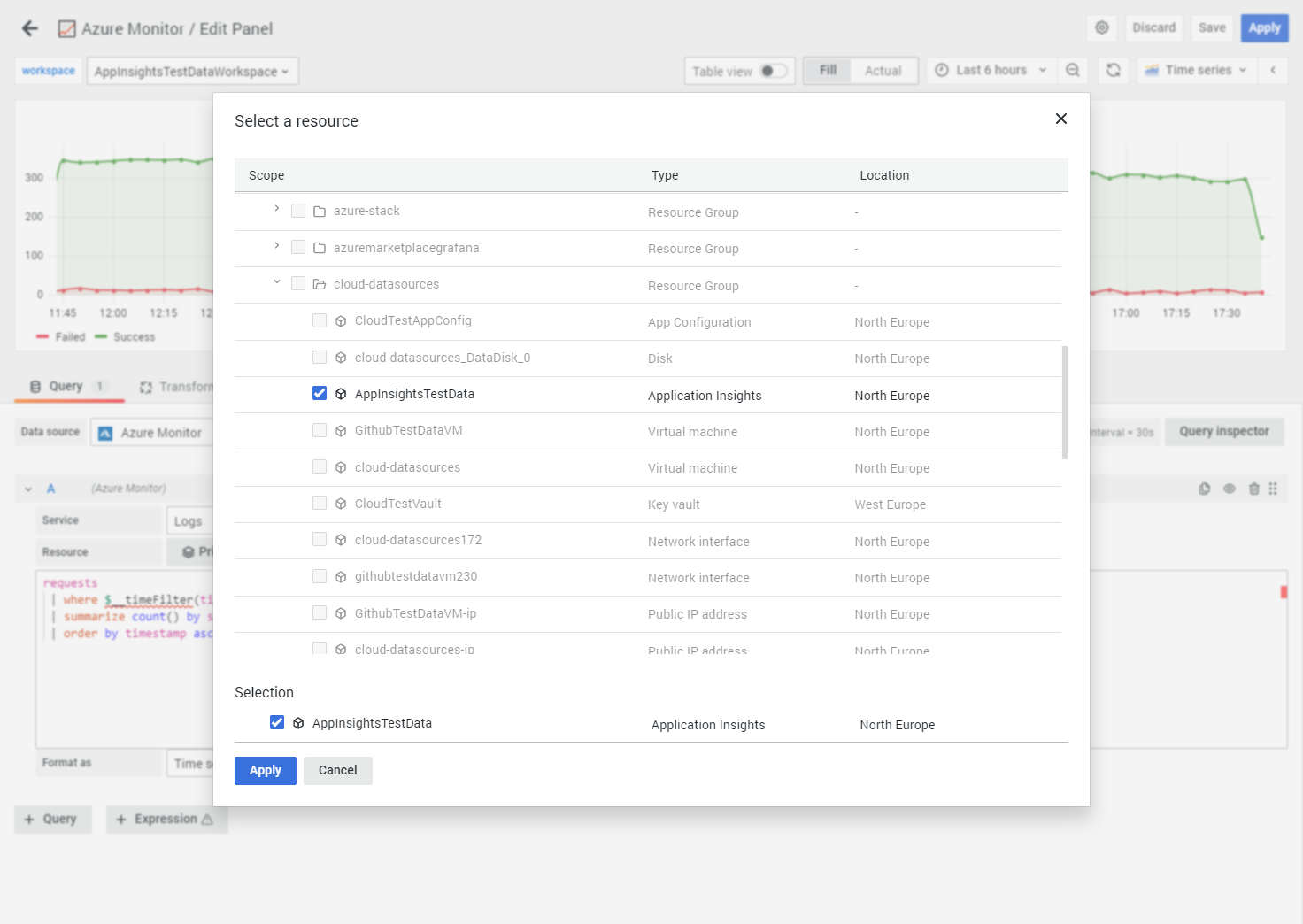 Azure Logs Application Insights resource picker Azure Logs Application Insights resource picker