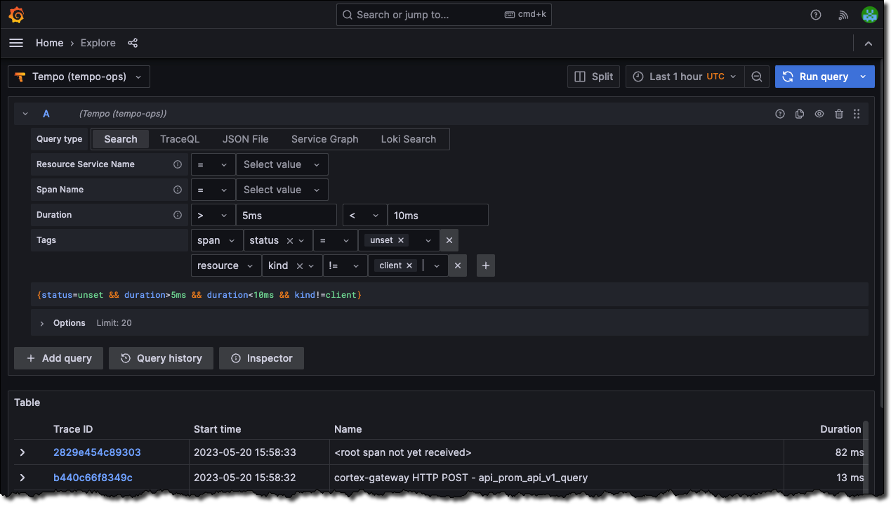 Screenshot of the Tempo Search query type Screenshot of the Tempo Search query type