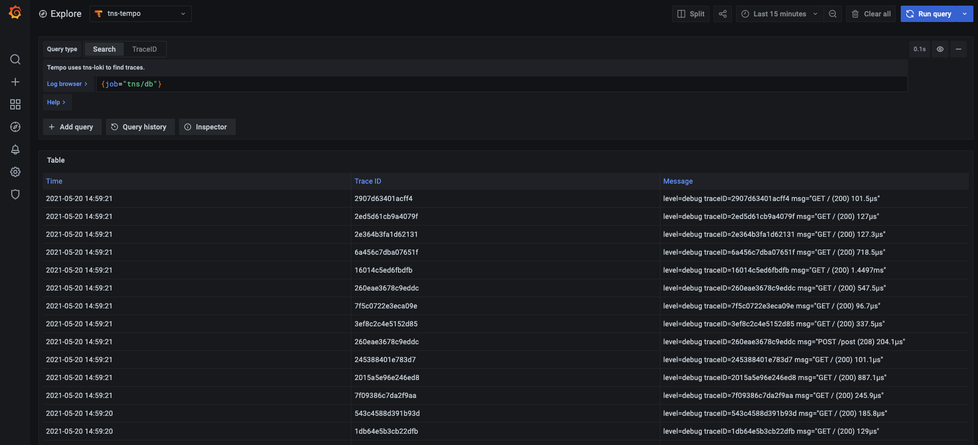 Screenshot of the Tempo query editor showing the Loki Search tab Screenshot of the Tempo query editor showing the Loki Search tab