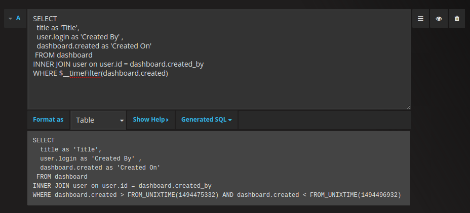 Query editor showing interpolated SQL