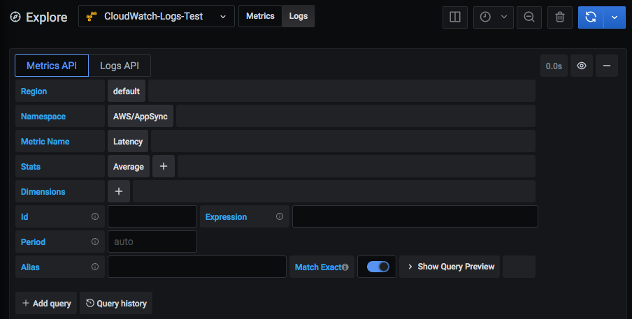 CloudWatch metrics query field CloudWatch metrics query field